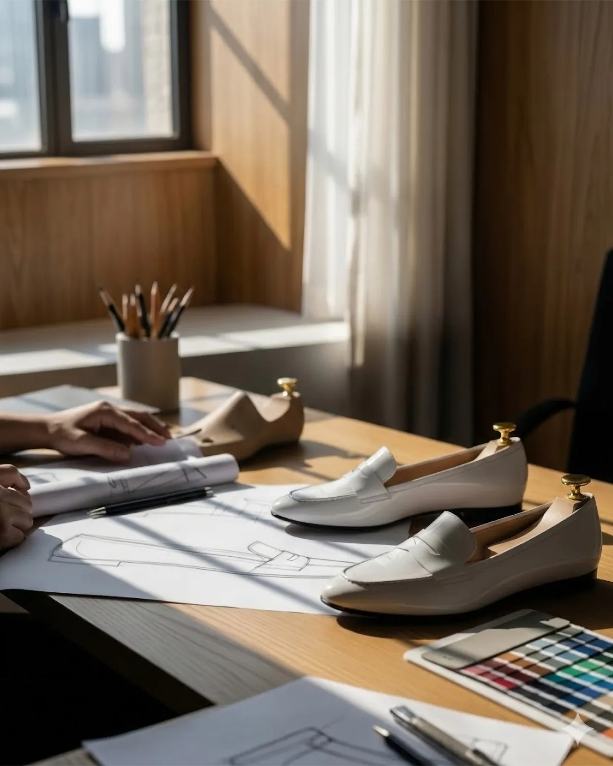 レディースシューズの企画・デザインを行う風景。木型やスケッチが並ぶ